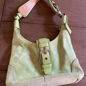 Coach signature shoulder bag. Light green and tan. Used, great condition.